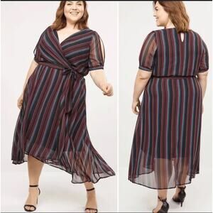 Lane Byrant Stripe Purple Short Sleeve Wrap Front Ruffle Midi Dress Womens Sz 26